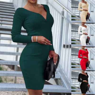 #ad Womens Sexy V Neck Mini Bodycon Dress Ladies Evening Party Dresses Plus Size $29.95