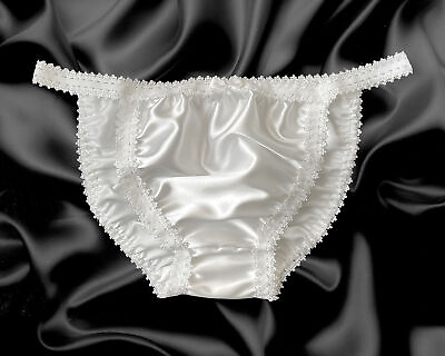 #ad Ivory White Satin Sissy Frilly Lace Tanga Knickers Bikini Panties Size 10 20 GBP 13.99