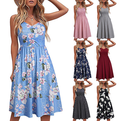 #ad ✿Womens Floral Midi Dress Ladies Boho Beach Holiday Sundress Summer Size $15.64