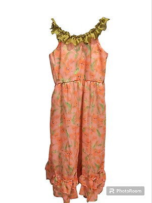 #ad Girls Sleeveless Casual Orange Floral Ruffle Maxi Dress Kids Size 10 11 $11.99