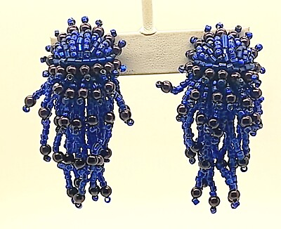 #ad Vintage statement Handmade royal blue seed beaded clipon Dangle party earrings $12.99