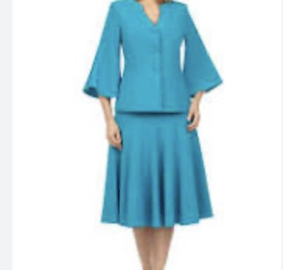 #ad Giovanna Suit W Bell Sleeves amp; Rhinestone Trim Jacket Flare Skirt Turq. 16W $119.00