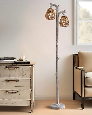 #ad Retro Farmhouse Rattan Floor Lamp Boho for Living Room Rustic Standing Lamps ... $90.38
