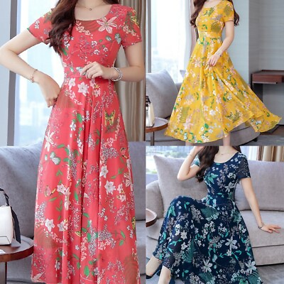 #ad Women Summer Short Sleeve Beach Floral Print Maxi Dress Ladies Boho Long Dresses $17.99