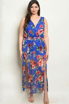 #ad Womens Plus Size Royal Blue Romper Maxi Dress 3XL Floral $29.95