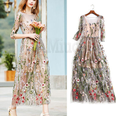 #ad Boho Cotton Maxi Dress Embroidered Lace Sheer Mesh Floral Long Party Dress $29.99