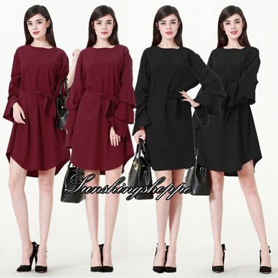 #ad #ad Women Tunics Dress Belted Tops Blouse Muslim Dubai Long Sleeve Abaya Maxi Shirts $25.99