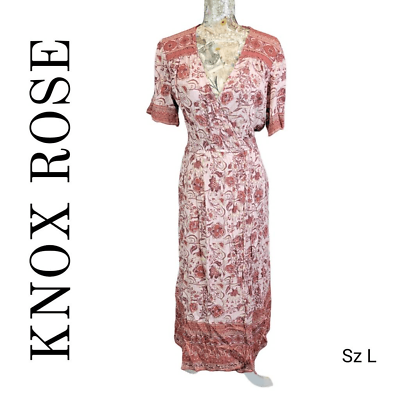 #ad KNOX ROSE Short Sleeve Wrap Tie Duster Long Maxi Cottage Pink Floral Boho Dress $17.98