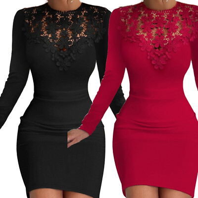 #ad Women Lace Floral Bodycon Ladies Long Sleeve Evening Cocktail Party Mini Dress $19.79
