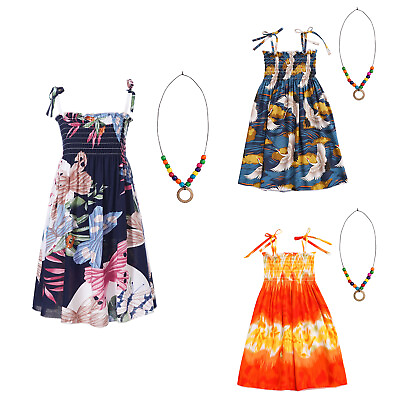 #ad Kids Girls Bohemian Style Beach Dress Necklace Floral 2Pcs Sundress Elastic $11.65
