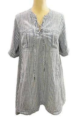 #ad #ad 4OUR Dreamers Blue Striped Boxy Shift Beach Cover Up Dress Small Linen Cotton $8.00
