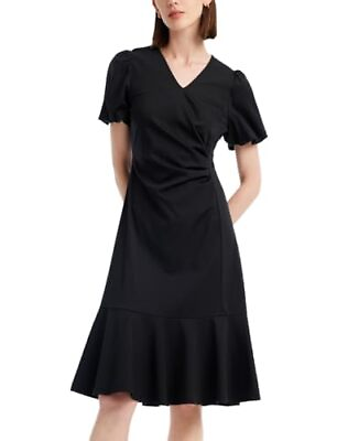 #ad GOELIA Summer Black Dresses for Women Ruched V Neck Lantern Sleeve Ruffle Fi... $50.67