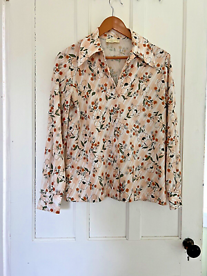 #ad Vintage Sears Womens Size 16 Poly Knit Botanical Plaid Long Sleeve Shirt $38.00