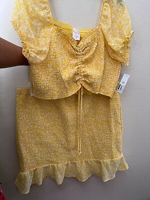 No Boundaries Womens Plus 3XL Skirt Set Yellow White Floral Ruffle Blouse $11.25
