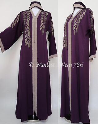 #ad Dubai Abaya Open Kimono Crinkle Embroidery Modest Muslim Maxi Dress Dark Purple $75.00