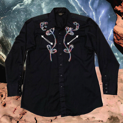 #ad Vtg Sears Western Wear Pearl Snap Black Men#x27;s Cowboy Shirt Embroidered 16 16.5 $32.95