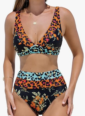 #ad Hilinker Women#x27;s Leopard Bikini Swimsuits V Neck High Waisted Size Medium $15.95