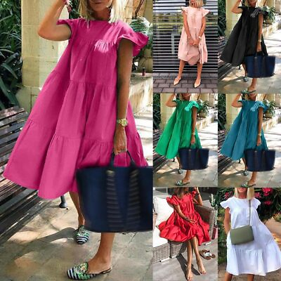 #ad Plus Size Womens Ruffle Dress Ladies Short Summer Sleeve Frill Mini Sun Dresses $24.52
