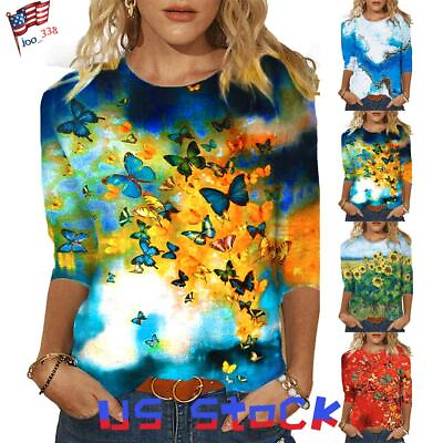#ad Womens 3 4 Sleeve Floral Party Tops Ladies Casual Loose Blouse Pullover Shirt $10.79