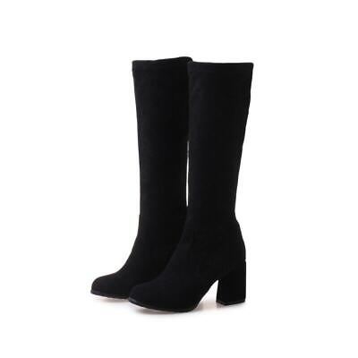 Chic Women Pull On Faux Suede Knee High Boots Block Heel Round Toe Shoes Casual $55.43