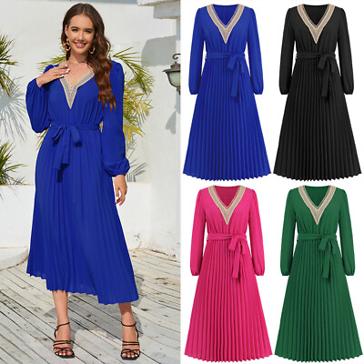 Women#x27;s Party Cocktail Ball Gown Lady Lacework V neck Long Sleeve Pleated Dress $35.87