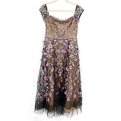 #ad NEW Marchesa Black Cocktail Dress 3D Floral Tulle Off Shoulder Embroidered Sz 4 $169.15
