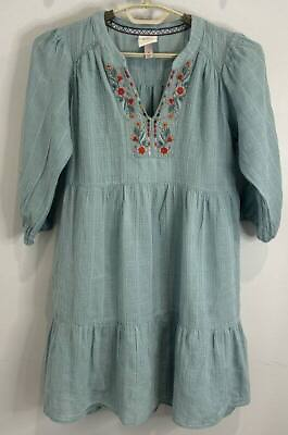 #ad Knox Rose Dusty Blue Embroidered 3 4 Sleeve Boho Dress Tiered Pockets Size M $13.95