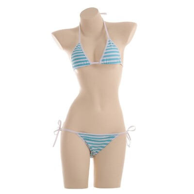 #ad Japanese sexy Lolita Kawaii Blue White Stripe Summer Sexy Cute Bikini Swimsuit $10.33