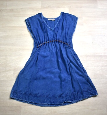 #ad Raya Sun Boho Festival Mini Dress Blue Tie Dye Size Medium Beaded Cotton Rayon $14.91