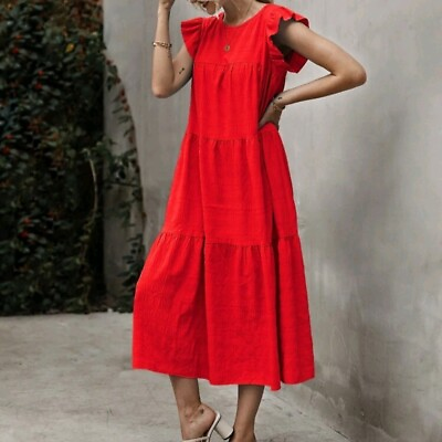 #ad Women Summer Casual Relaxed Ruffled Sleeve Round Neck Dress Size M Maxi Long Red $25.00