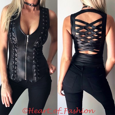 SEXY Faux Leather Cleavage Zip Front Lace Up Strappy Fitted Halter Vest Club Top $39.90
