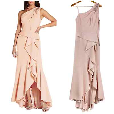 #ad Adrianna Papell NWT Ruffled Maxi Evening Dress Size 10 One Shoulder Blush Pink $100.00