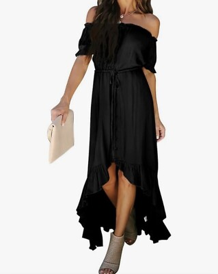 #ad Women’s Black Off Shoulder Maxi Dress Short Sleeve High Low XL $85 Never Worn $23.00