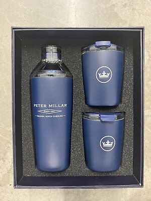 #ad Peter Millar Navy Blue Cocktail Shaker and Tumbler Set Open Box $35.00