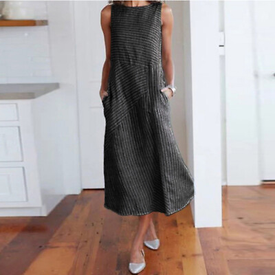 #ad Casual Women Sleeveless Print Maxi Dress Sundress Plus Size Ladies Long Dress $19.79