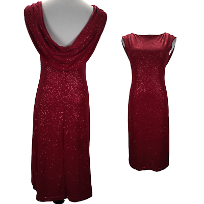 #ad Vintage 90s Red Cocktail Dress Size M L Glitter Knit Cowl Drape Bodycon $69.30