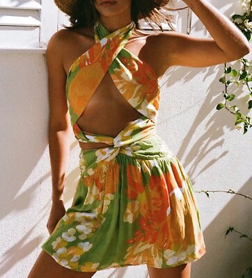 #ad Sabo Skirt Amina Halter Floral Sunset Mini Dress Green Sz. S NWT $75.00