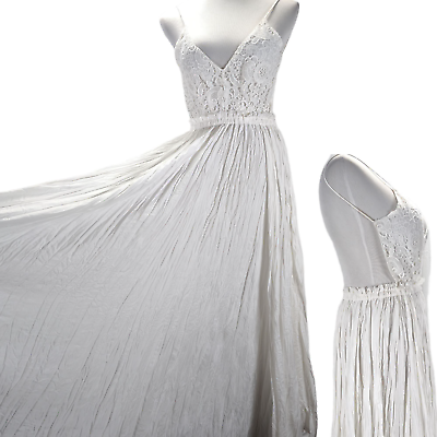 #ad ANGL Crochet Lace Open Back Maxi Dress Size S White Bridal Full Sweep Beach Boho $35.20