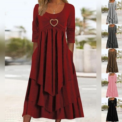 #ad Women Maxi Dresses Long Sleeve Dress Ladies Loose Party Crew Neck Layered Casual $39.99