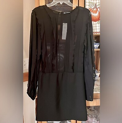 #ad ZARA Sheer Top SHORT RUFFLED BLACK Long Sleeve Party DRESS Size Medium NWT $24.00