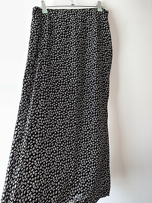 Silk Bohemian Skirt Long Black White Geometric Lined Slit Size 12 Boho Retro GBP 25.49