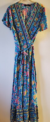 #ad Zesica M Maxi Dress Short Sleeve Wrap Ruffle Aqua Pink Floral Perfection Boho $22.00