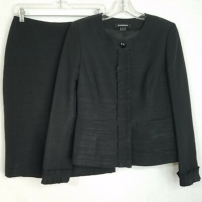 #ad Ellen Tracy 2 Piece Suit Pencil Skirt amp; Ruffle Jacket Black Shimmer Size 2 CLP $29.99