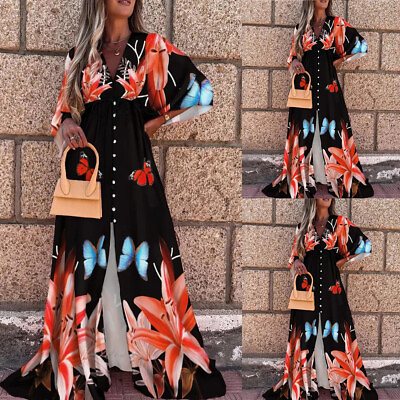 #ad Womens Boho V Neck Floral Shirt Dress Ladies Holiday Beach Long Maxi Dresses US $32.19