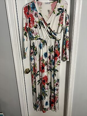 #ad Women’s White Floral Printed Long Maxi Fall Casual Dress Size Large Tall $7.98