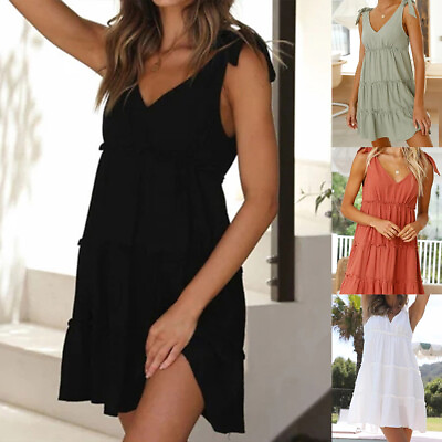 #ad Womens V Neck Strappy Holiday Sundress Sleeveless Summer Causal Beach Mini Dress $23.79