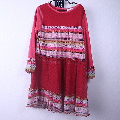#ad Rare Editions Boho Dress Girls 6x Red Lacey Ruffle Long Sleeve Chevron Patterned $16.83