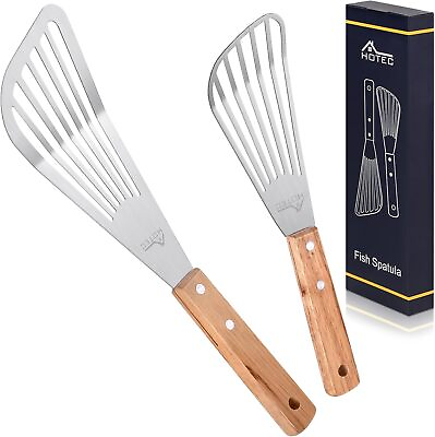 #ad HOTEC Stainless Steel Thin Slotted Fish Turner Spatula Wooden LittleLarge $16.52