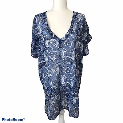 #ad Swimsuit Cover Up Dress Small 4 6 Blue Paisley Print Cover Cover Beach Dress $9.10