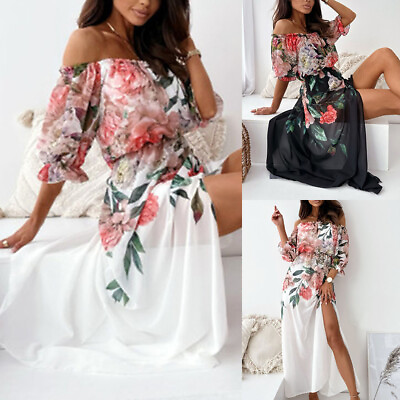 #ad Women#x27;s Off Shoulder Floral Maxi Dress Ladies Chiffon High Slit Party Dresses US $14.69